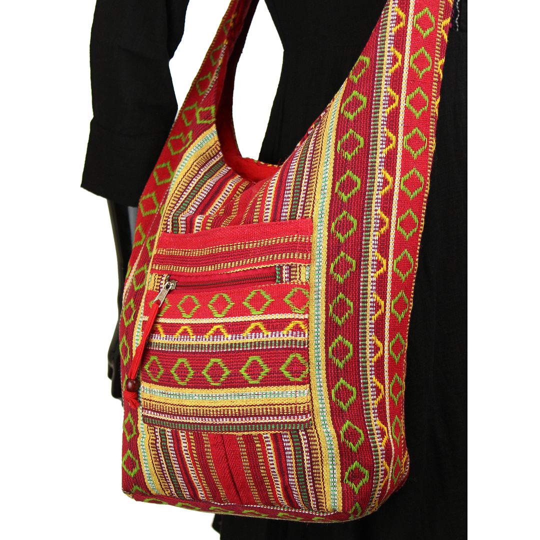 Sling shoulder bag boho hippie festival cotton canvas diamond pattern